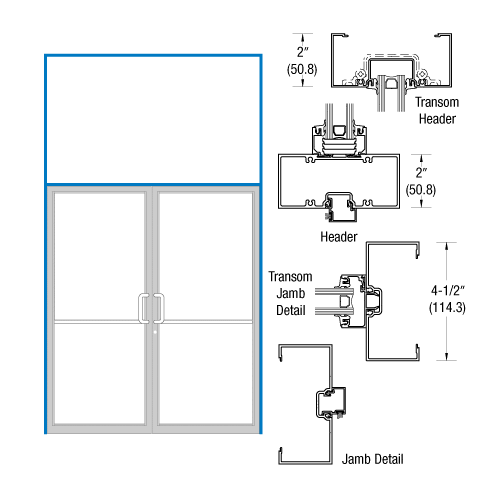Bronze Anodized 2" x 4-1/2" Transom Frame for Pair of Doors Butt Hung Using Surface Mount Closers