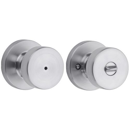 Pismo Knob with Round Rose Privacy Lock with 6AL Latch and RCS Strike Satin Chrome Finish