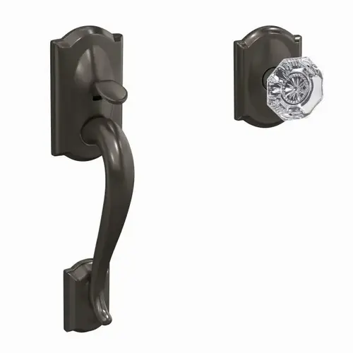 Camelot with Alexandria Glass Knob with Camelot Rose Bottom Half Handleset with 16601 Latch and 10063 Strike Black Stainless Finish