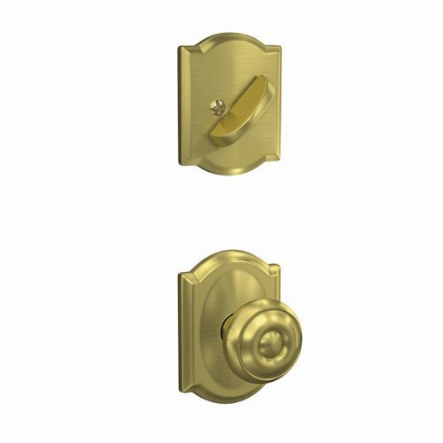 Custom Georgian Knob with Camelot Rose Interior Active Trim with 16680 Latch and 10269 Strike Satin Brass Finish