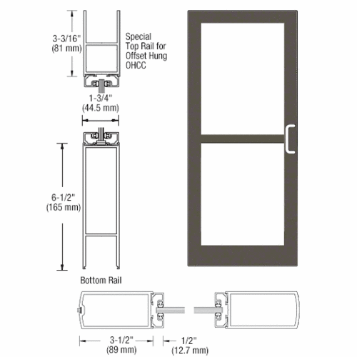 Bronze Black Anodized 400 Series Medium Stile Inactive Leaf of Pair 3'0 x 7'0 Center Hung for OHCC w/Standard Push Bars Complete Panic Door with Std. Panic and Bottom Rail