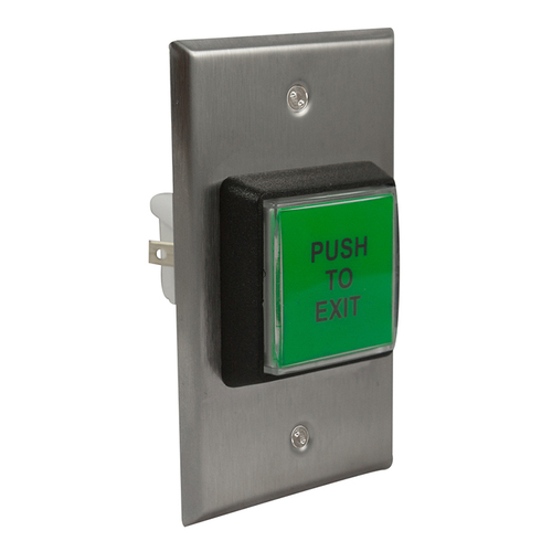 2" x 4" Single Gang Push to Exit Text Green Illuminated Push Button Satin Stainless Steel Finish