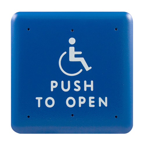 4-3/4" Square Push to Open Text and Handicap Logo Push Plate Actuator Blue Finish