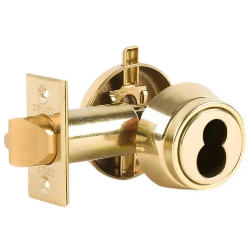 Deadlatch, Grade 2, Single Cylinder, 2-3/8" Backset, T-Strike, Holdback Turn, FSIC Prep, Less Core, Bright Brass