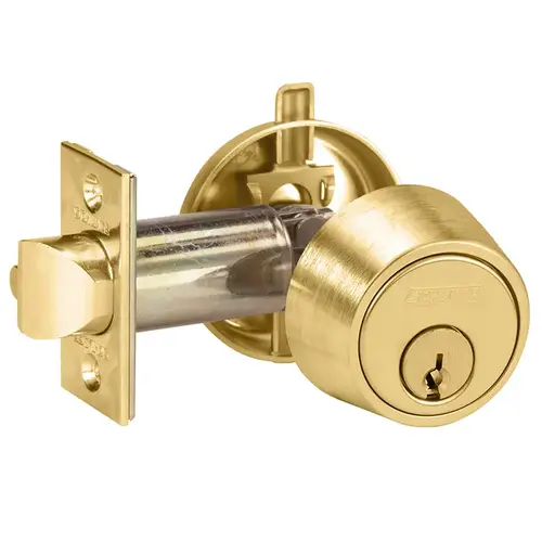 Deadlatch, Grade 2, Single Cylinder, 2-3/8" Backset, T-Strike, Holdback Turn, 5-Pin Cylinder, Satin Brass