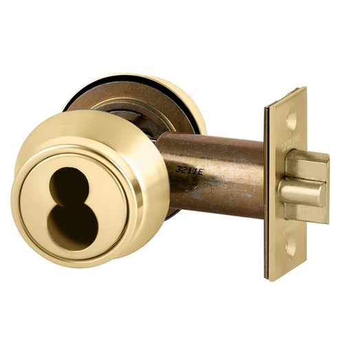 Deadlatch, Grade 2, Double Cylinder, 2-3/8" Backset, T-Strike, FSIC Prep, Less Core, Bright Brass