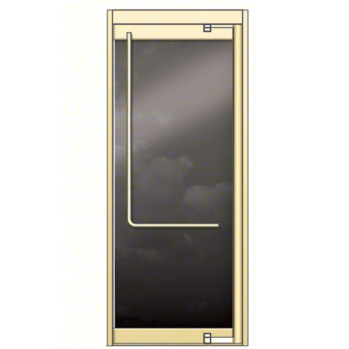 Premium Satin Brass Aluminum Temp Glass No stile for 1/2" Glazing; Satin Brass 4" Top Rail; 4 3/4" Bottom Rail; Exposed Hinge Tube; RHR Door with Lock