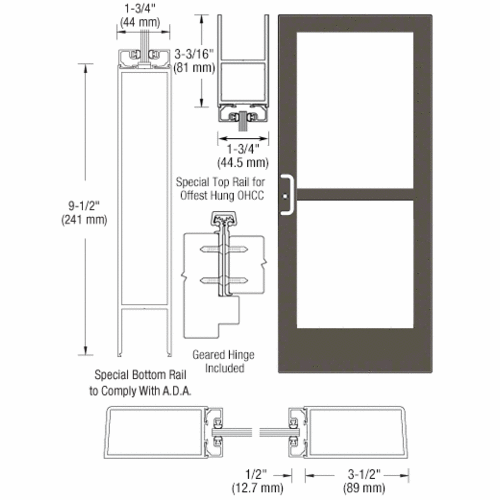 Bronze Black Anodized Single 36" x 84" Series 400 Medium Stile Left Side Latch Geared Hinge Entrance Door With Panic for 105 Degree Overhead Concealed Door Closer