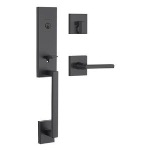 Kwikset CP818VNHXHFLSQT-514S Clear Pack Single Cylinder Vancouver Exterior Handleset with Halifax Lever and Square Rose Trim with SmartKey with RCAL Latch and RCS Strike Iron Black Finish