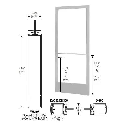 CRL-U.S. Aluminum DE22711LA36 Clear Anodized 250 Series Narrow Stile Active Leaf of Pair 3'0 x 7'0 Center Hung for OHCC w/Standard Push Bars Complete Door Std. Lock & 9-1/2" Bottom Rail