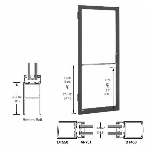 CRL-U.S. Aluminum LE22522R136 Bronze Black Anodized 250 Series Narrow Stile Inactive Leaf of Pair 3'0 x 7'0 Offset Hung with Butt Hinges for Surf Mount Closer Complete Door Std. MS Lock and Std. Bottom Rail