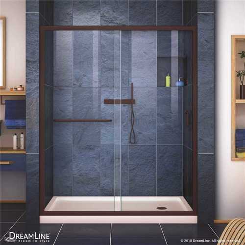 Infinity-Z 32 in. x 60 in. Semi-Frameless Sliding Shower Door in Oil Rubbed Bronze with Right Drain Base in Biscuit