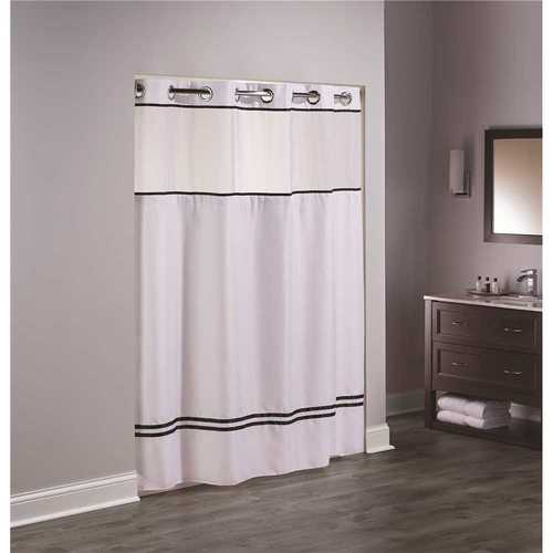 Escape 77 in. L Shower Curtain with Sheer Window and Snap Liner White with Black Accents - pack of 12