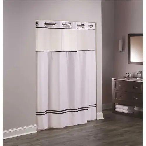 Hookless HBH40MYS0110SL77 Escape 77 in. L Shower Curtain with Sheer Window and Snap Liner White with Black Accents - pack of 12