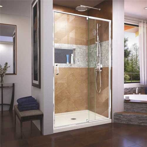 DreamLine DL-6219C-22-01 Flex 32 in. D x 42 in. W x 74.75 in. H Framed Pivot Shower Door in Chrome with Center Drain Biscuit Acrylic Base Kit