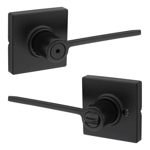 Ladera Lever with Square Rose Privacy Door Lock with 6AL Latch and RCS Strike Iron Black Finish