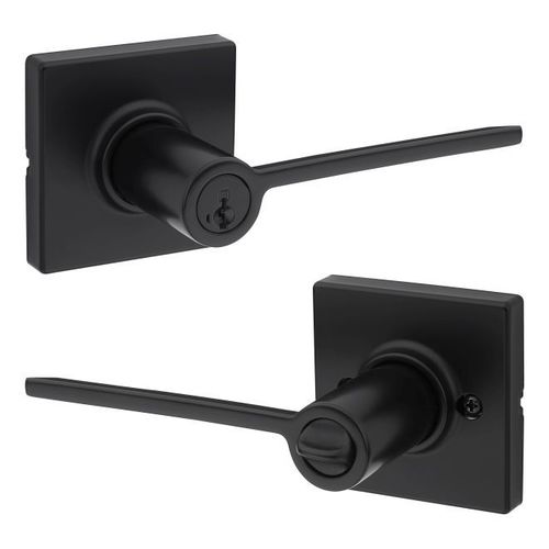 Ladera Lever with Square Rose Entry Door Lock SmartKey with 6AL Latch and RCS Strike Iron Black Finish