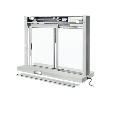 Satin Anodized Custom Size All Electric Fully Automatic Deluxe Sliding Service Window XO or OX With Stainless Steel Shelf