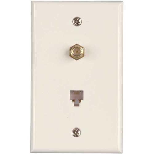 1-Gang CATV F-Type Connector and Phone Jack with Wall Plate, Thermoplastic, White - pack of 10