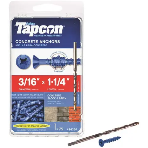 Tapcon 24350 3/16 in. x 1-1/4 in. Phillips-Flat-Head Concrete Anchors Climaseal Blue - pack of 75