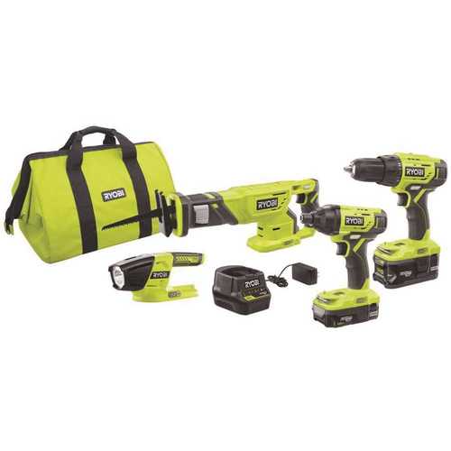 RYOBI P1818 18-Volt ONE+ Lithium-Ion Cordless 4-Tool Combo Kit with (2) Batteries, 18-Volt Charger, and Bag
