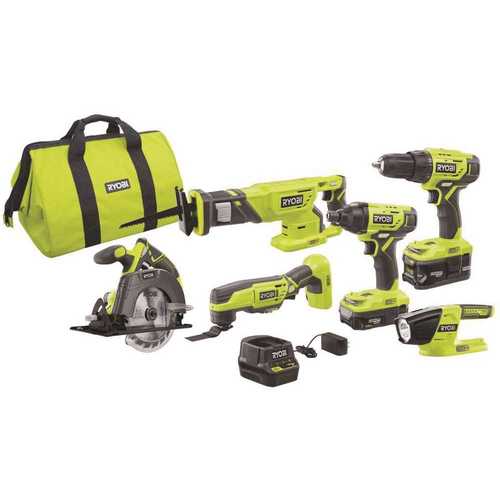 RYOBI P1819 18-Volt ONE+ Lithium-Ion Cordless 6-Tool Combo Kit with (2) Batteries, Charger, and Bag
