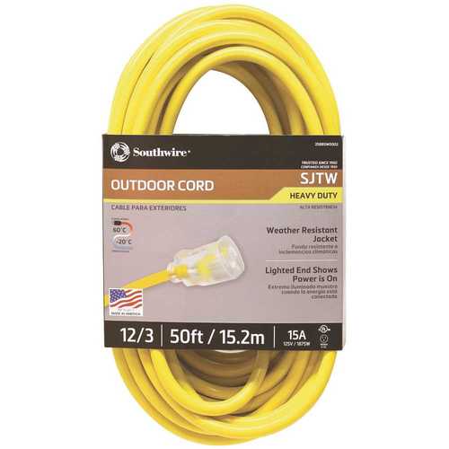 Southwire 2588SW0002 50 ft. 12/3 SJTW Hi-Visibility Outdoor Heavy-Duty Extension Cord with Power Light Plug