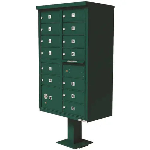 Vital 1570 13-Mailboxes 1-Parcel Locker 1-Outgoing Pedestal Mount Cluster Box Unit Forest Green Powder Coat