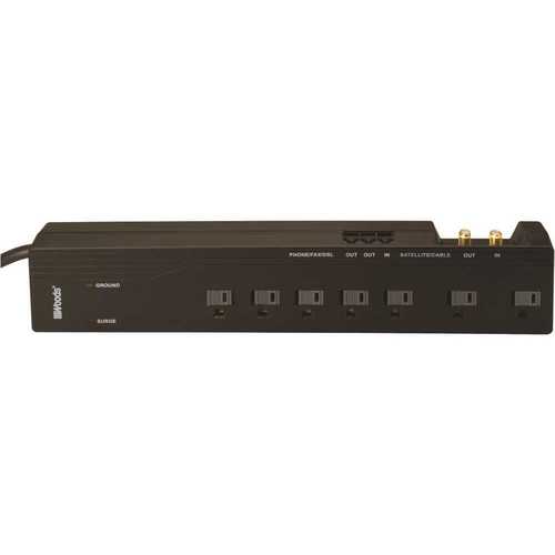 Woods 416047811 6 ft. 7-Outlet 2,500-Joule Surge Protector Power Strip with Satellite/Cable Coax and Phone/Fax/DSL Black