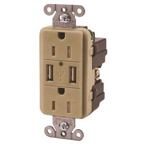 15 Amp Hubbell Tamper Resistant USB Charger Duplex Receptacle, Ivory