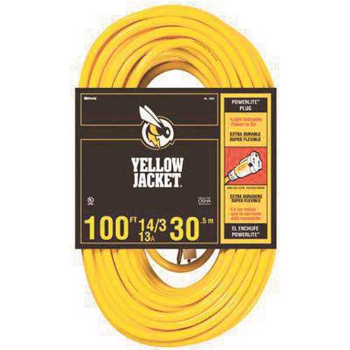 CCI 2888 Extension Cord, 14 AWG Cable, 100 ft L, 13 A, 125 V, Yellow