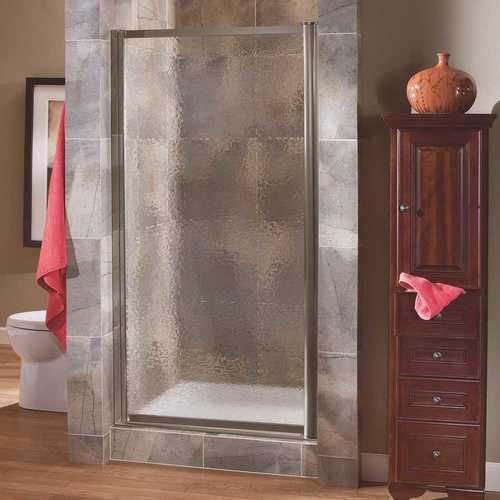 Tides 27 in. to 29 in. x 65 in. Framed Pivot Shower Door in Brushed Nickel with Obscure Glass with Handle