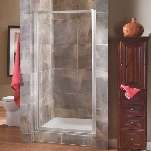 Tides 33 in. to 35 in. x 65 in. Framed Pivot Shower Door in Silver with Clear Glass with Handle