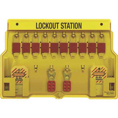 10 Padlock Station with Cover and 10 Aluminum Padlocks Red