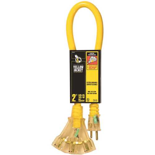 YELLOW JACKET 64824501 2 ft. 12/3 SJTW Multi-Outlet (3) Outdoor Heavy-Duty Contractor Adapter Extension Cord with Power Light Block Yellow