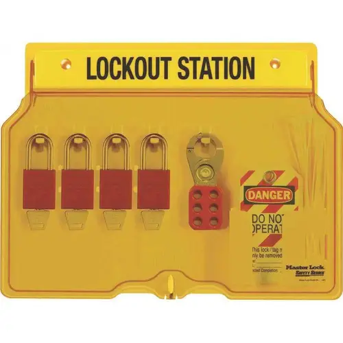 4 Padlock Station with Cover and 4 Aluminum Padlocks Red