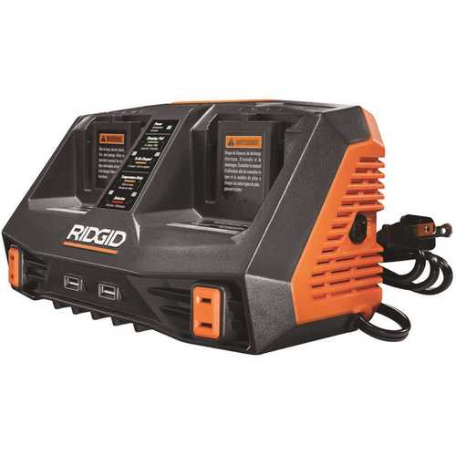RIDGID AC840094 18-Volt Dual Port Dual Chemistry Sequential Charger with Dual USB Ports