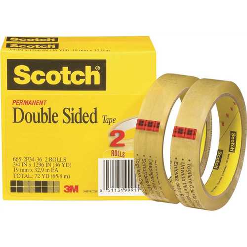 3M SCOTCH MMM6652P3436 3/4 in. x 1296 in. 665 Double-Sided Tape 3 in. Core, Transparent - Pair