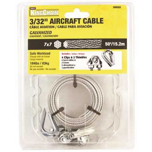 MIBRO 500185 3/32 in. x 50 ft. 7x7 Galvanized Aircraft Cable with 4 Wire Rope Clips and 2 Thimbles Packaged
