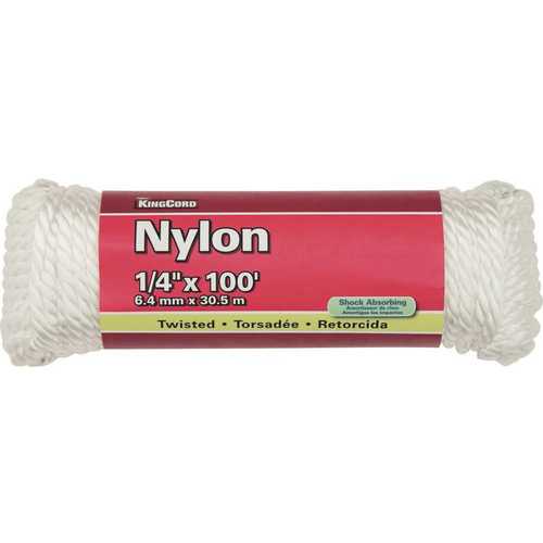 KingCord 300121BG 1/4 in. x 100 ft. White Twisted Nylon Rope - 124 lbs Safe Work Load - Hanked