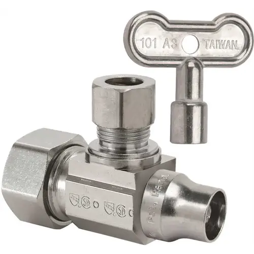 1/2 In. Nom Comp Inlet x 3/8 In. OD Comp Outlet 1/4-Turn Angle Ball Valve with Loockshield & Loose Key, No-Lead Brass CHROME