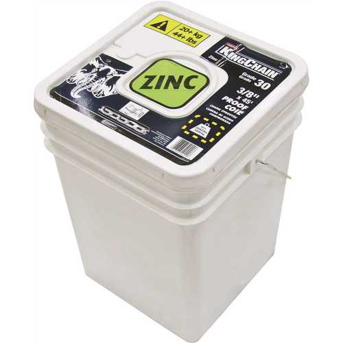 KingChain 541101 3/8 in. x 45 ft. Zinc-Plated Grade 30 (G30) Proof Coil Chain - 2,650 lbs Safe Work Load - Plastic Bucket
