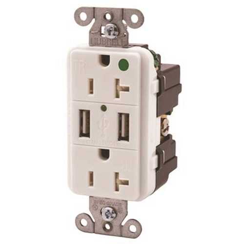 15 Amp Hubbell Tamper Resistant Hospital Grade USB Charger Duplex Receptacle, White