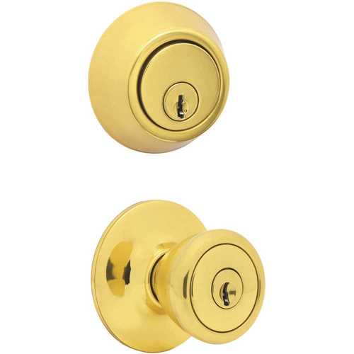 Legend 809013 Polished Brass Entry Tulip Door Knob with Single Cylinder Deadbolt with Adjustable Backset Featuring Keyed Alike - pack of 3