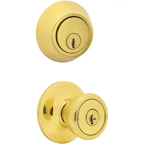 Polished Brass Entry Tulip Door Knob with Single Cylinder Deadbolt with Adjustable Backset Featuring Keyed Alike - pack of 3