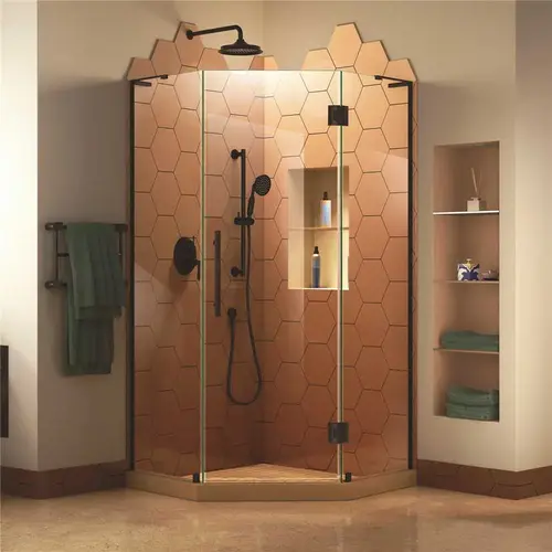 Prism Plus 34 in. W x 34 in. D x 72 in. H Semi-Frameless Neo-Angle Hinged Shower Enclosure in Satin Black