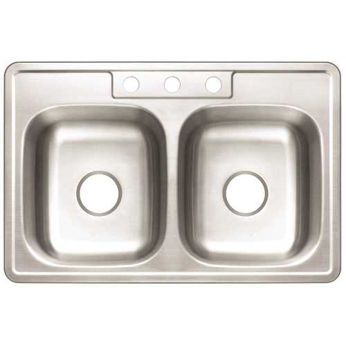 Premier 3562896 Drop-In Stainless Steel 33 in. 3-Hole Double Bowl Kitchen Sink with Brush