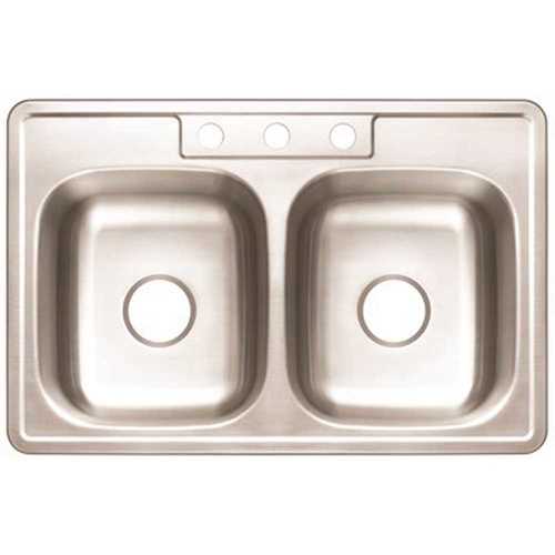 Premier 3562898 Drop-In Stainless Steel Kitchen Sink 33 in. 3-Hole Double Bowl Kitchen Sink with Brush Finish