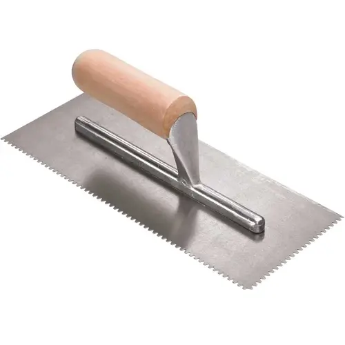 Roberts 49737 11 in. x 1/8 in. x 1/16 in. Flat Top V-Notch Pro Flooring Trowel with Wood Handle Tan