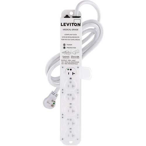 Leviton 5306M-2S7 125-Volt 20 Amp 7 ft. 12-3 SJT Cord Medical Grade Surge Protected 6-Outlet Power Strip, Beige White